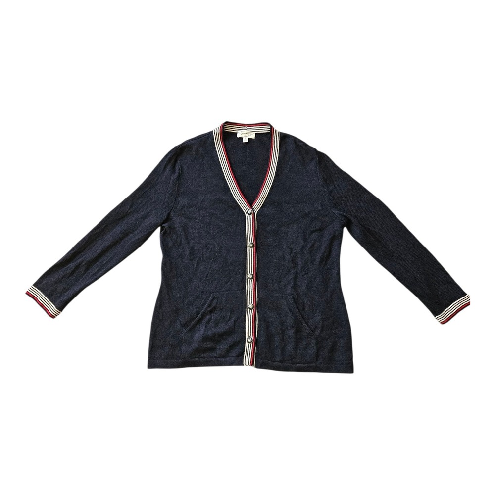 Womens Large Navy Blue Cardigan Multi-Color Stripe Trim St John's Bay‎ Sweater